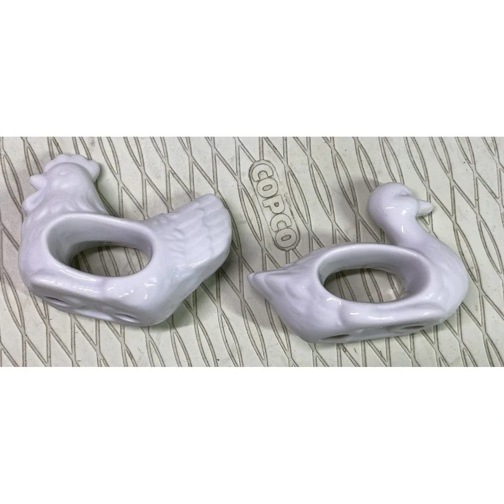 Farmhouse Vintage‎ Napkin Rings White Porcelain Animals Duck&Rooster Japan